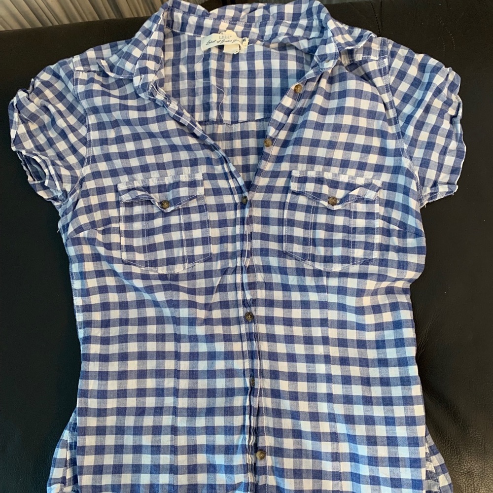 Blue + white plaid shirt sleeve blouse